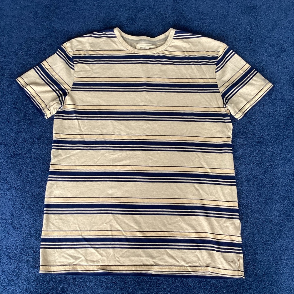 Quicksilver Yellow and Blue Striped Short-sleeved Tee Shirt - Large